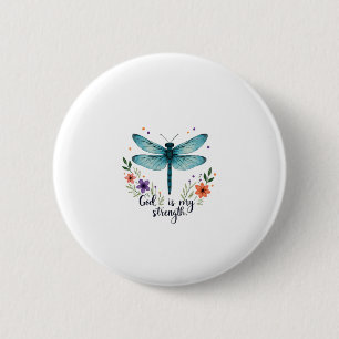 Badge Rond 5 Cm Dieu est ma force Floral Libellule T-Shirt Chrétie