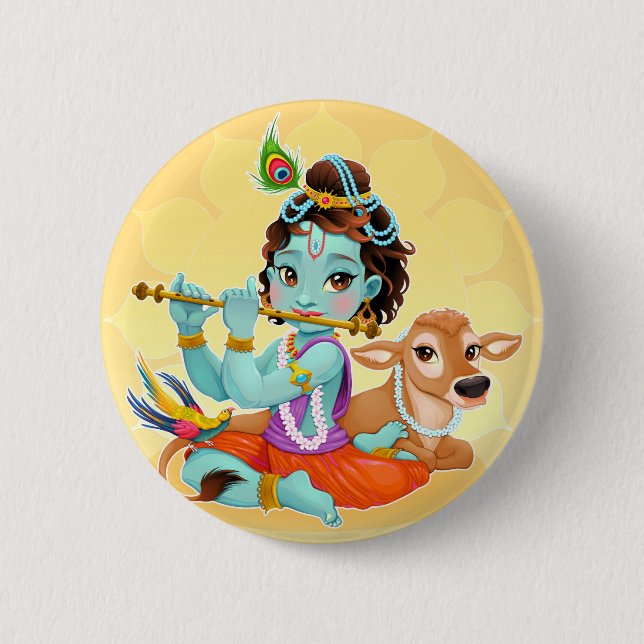 Badge Rond 5 Cm Dieu indien de Krishna jouant l'illustration de (Devant)