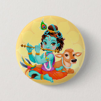 Badge Rond 5 Cm Dieu indien de Krishna jouant l'illustration de