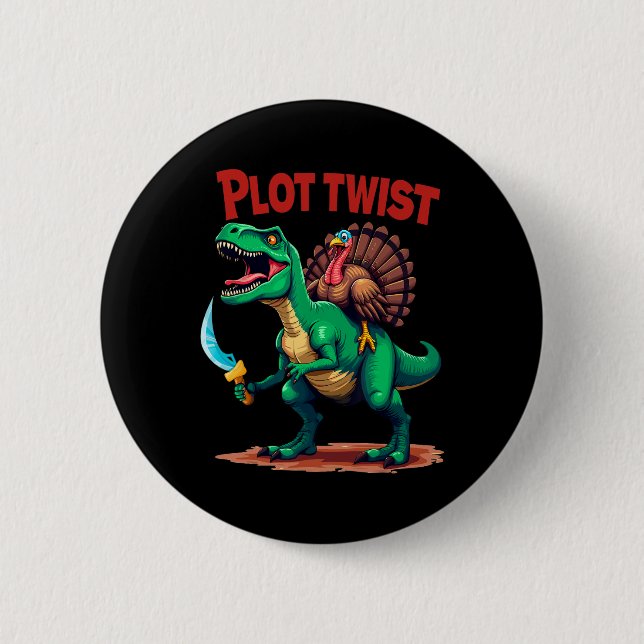 Badge Rond 5 Cm Dindon à rebondissement montant un dinosaure T-rex (Devant)
