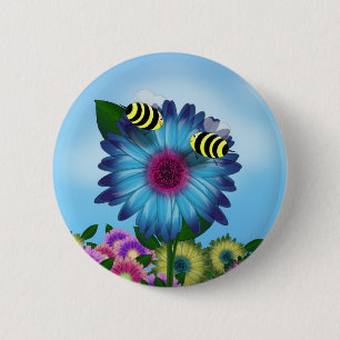 Badge Rond 5 Cm Dîner d'abeille sur Fleur bleue
