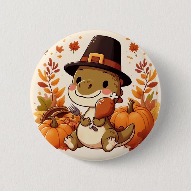 Badge Rond 5 Cm Dinosaur de Thanksgiving mignon (Devant)