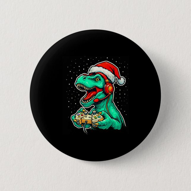 Badge Rond 5 Cm Dinosaur T Rex Playing Video Game Santa Hat Christ (Devant)