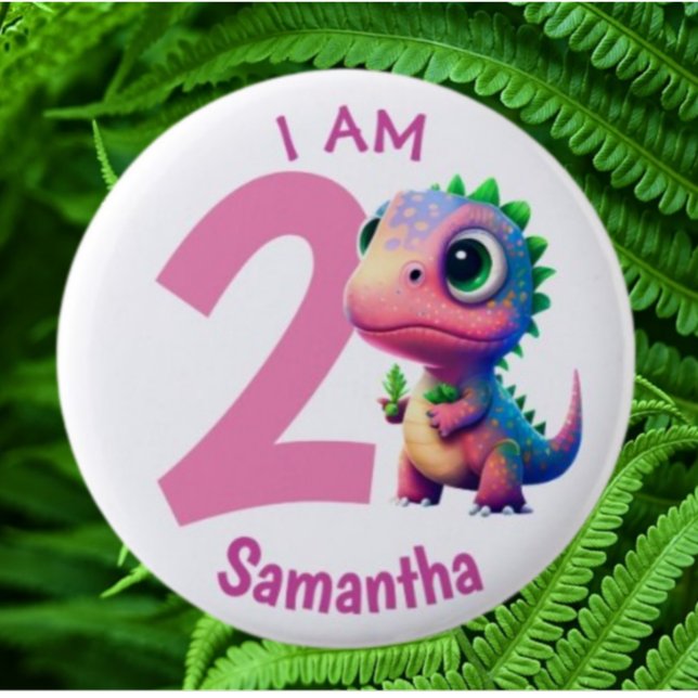 Badge Rond 5 Cm Dinosaure anniversaire rose (Fun Pink Jurassic Dinosaur Collection/Pin Set)