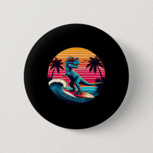 Badge Rond 5 Cm Dinosaure drôle surfant sur le coucher de soleil r
