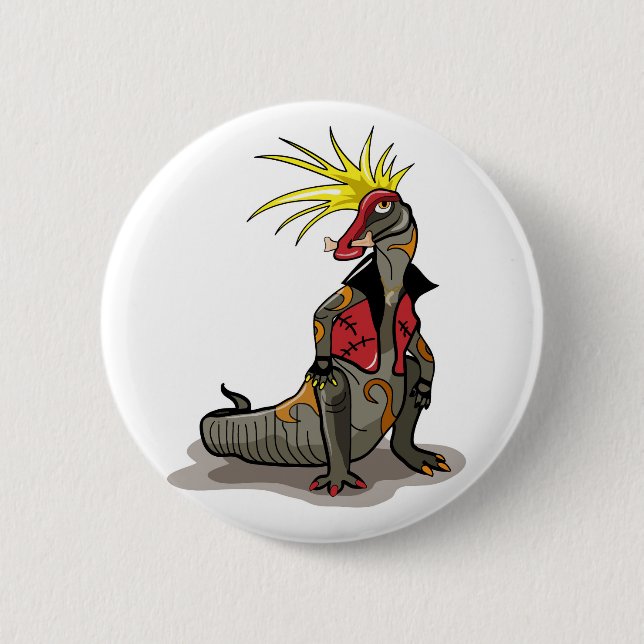 Badge Rond 5 Cm Dinosaure Hadrosaurus Habillé Comme Un Punk. (Devant)