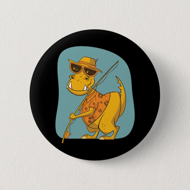 Badge Rond 5 Cm Dinosaure Pêcheur  (Devant)