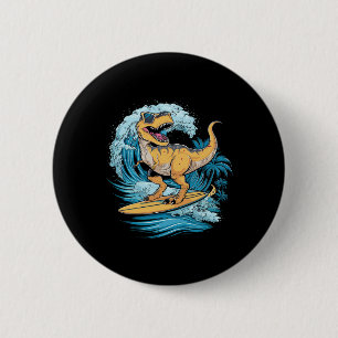 Badge Rond 5 Cm Dinosaure T-rex surfeur de plage 