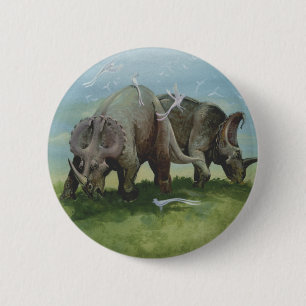 Badge Rond 5 Cm Dinosaures Vintage, Centrosaurus Paissant dans une