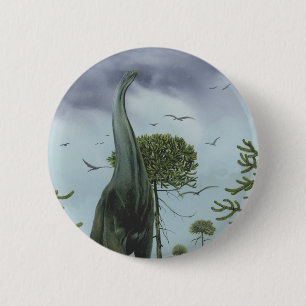 Badge Rond 5 Cm Dinosaures Vintage, Sauroposeidon avec des oiseaux