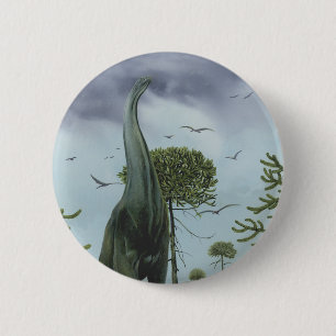 Badge Rond 5 Cm Dinosaures vintages, Sauroposeidon avec oiseaux vo