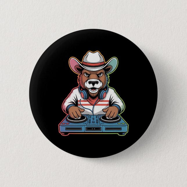 Badge Rond 5 Cm Dj Bear Cowboy Mixage Beats (Devant)