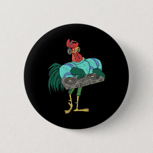 Badge Rond 5 Cm Djé en cartoon de coq avec platines vinyle en détr