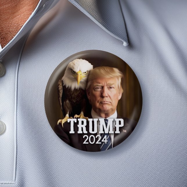 Badge Rond 5 Cm Donald Trump 2024 Photo - aigle chauve sur l'épaul (Trump 2024 Button with Bald Eagle)