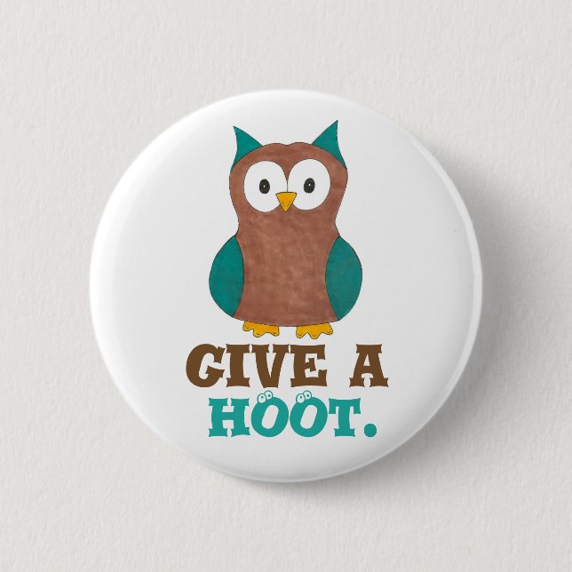 Badge Rond 5 Cm Donnez un voeu de CHAUD Brown Blue Cartoon Owl Oye (Devant)