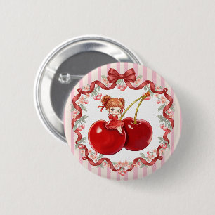 Badge Rond 5 Cm Douce Cerise Rose Coquette Ruban Rouge Fille Migno