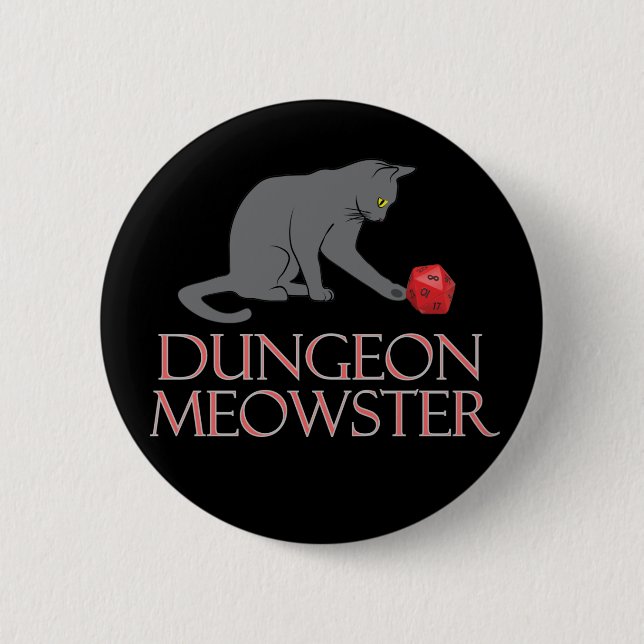 Badge Rond 5 Cm Doungeon Meowster Drôle RPG Chat avec dés (Devant)
