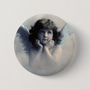 Badge Rond 5 Cm Doux Rosy Cheeked Vintage Angel dans les nuages