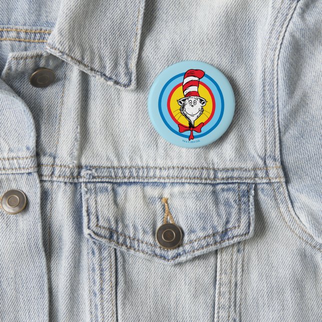 Badge Rond 5 Cm Dr. Seuss | Graphisme de tête de Chat dans le Chap (En situation)