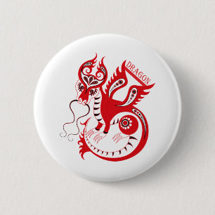 Badge Rond 5 Cm Dragon chinois Dessin Rouge