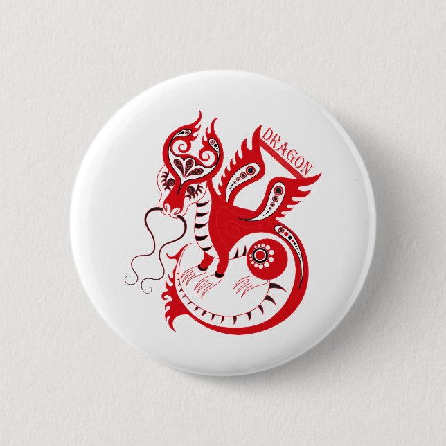 Badge Rond 5 Cm Dragon chinois Dessin Rouge (Devant)