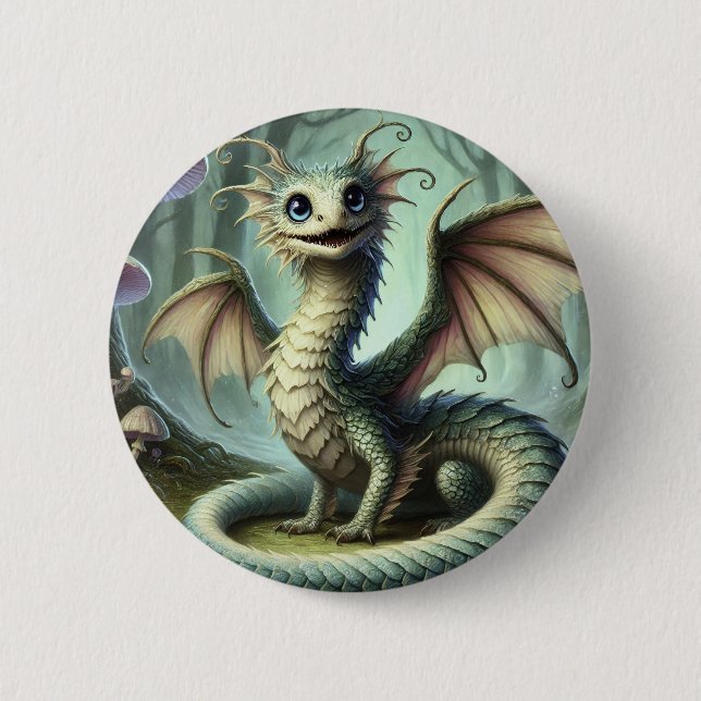 Badge Rond 5 Cm Dragon Jabberwocky Cute Imaginaire Créature Art (Devant)