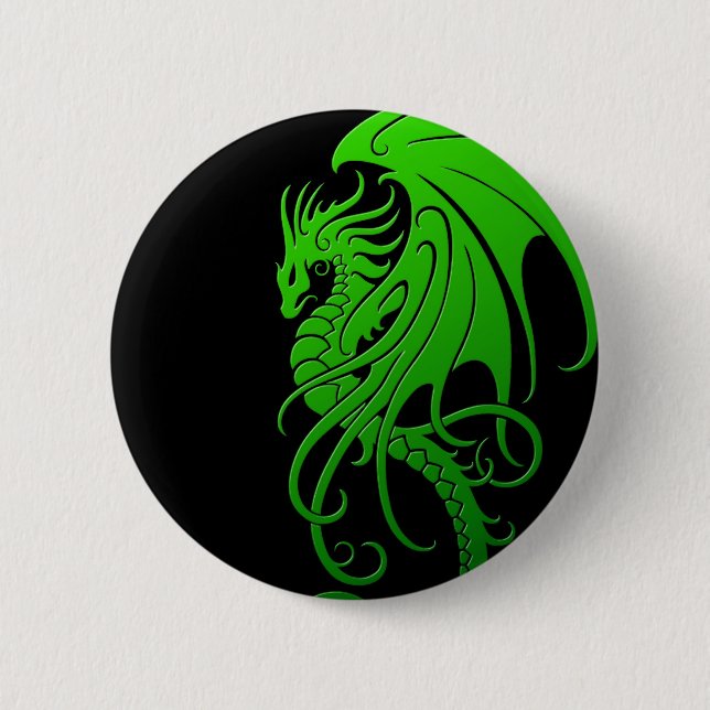 Badge Rond 5 Cm Dragon tribal de vol - vert sur le noir (Devant)