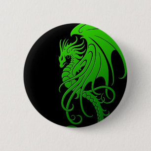 Badge Rond 5 Cm Dragon tribal de vol - vert sur le noir