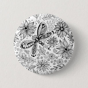 Badge Rond 5 Cm Dragonfly et doodle de fleurs