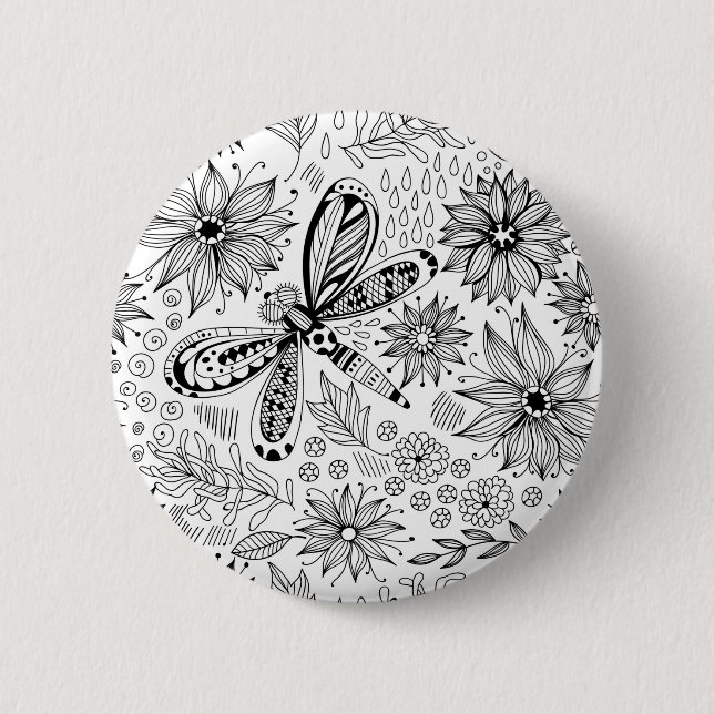 Badge Rond 5 Cm Dragonfly et doodle de fleurs (Devant)