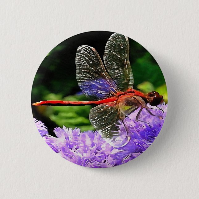 Badge Rond 5 Cm Dragonfly rouge sur Violet Violet Fleurs (Devant)