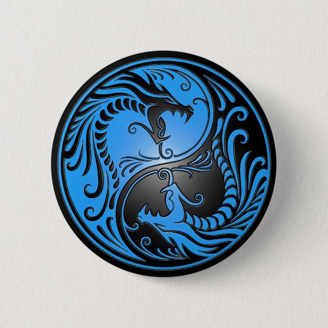 Badge Rond 5 Cm Dragons, bleu et noir de Yin Yang (Devant)