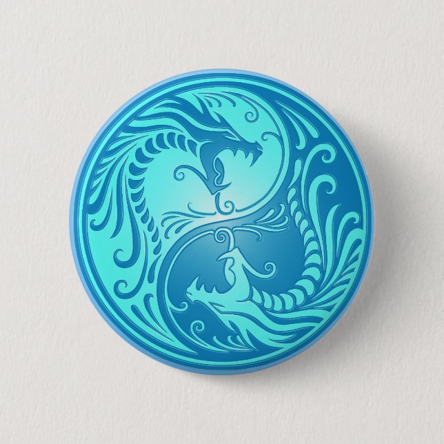 Badge Rond 5 Cm Dragons de Yin Yang, bleu-clair (Devant)