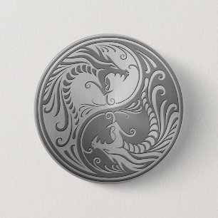 Badge Rond 5 Cm Dragons de Yin Yang d'acier inoxydable