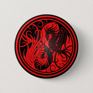 Badge Rond 5 Cm Dragons de Yin Yang de vol - rouge et noir