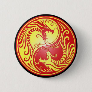 Badge Rond 5 Cm Dragons, rouge et jaune de Yin Yang
