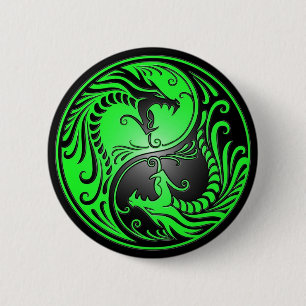 Badge Rond 5 Cm Dragons, vert et noir de Yin Yang