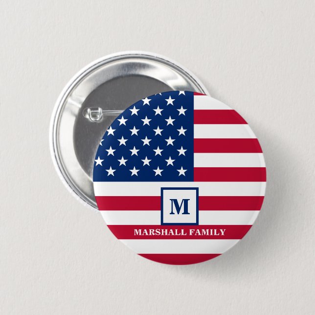 Badge Rond 5 Cm Drapeau américain Customisé Monogramme 4 juillet (Devant & derrière)