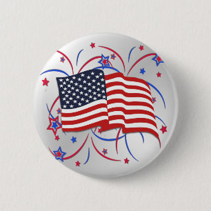 Badge Rond 5 Cm Drapeau américain et feux d'artifice
