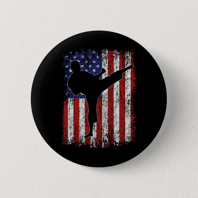 Badge Rond 5 Cm Drapeau Américain High Kick Karate Silhouette Part (Devant)