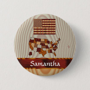 Badge Rond 5 Cm Drapeau et carte en bois américain