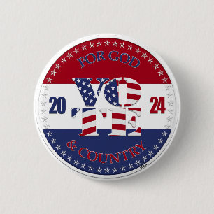 Badge Rond 5 Cm Drapeau USA 2024 Pour Dieu et le pays V O T E !