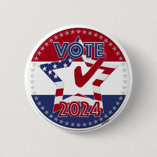 Badge Rond 5 Cm Drapeau USA VOTE rouge et bleu 2024 Étoile coche