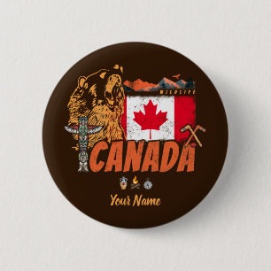 Badge Rond 5 Cm Drapeau Vintage Du Canada Et Vacances Ours Grizzli
