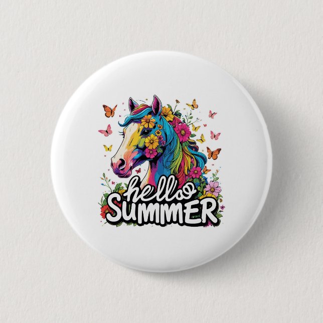 Badge Rond 5 Cm Drôle Bonjour Cheval d'été (Devant)