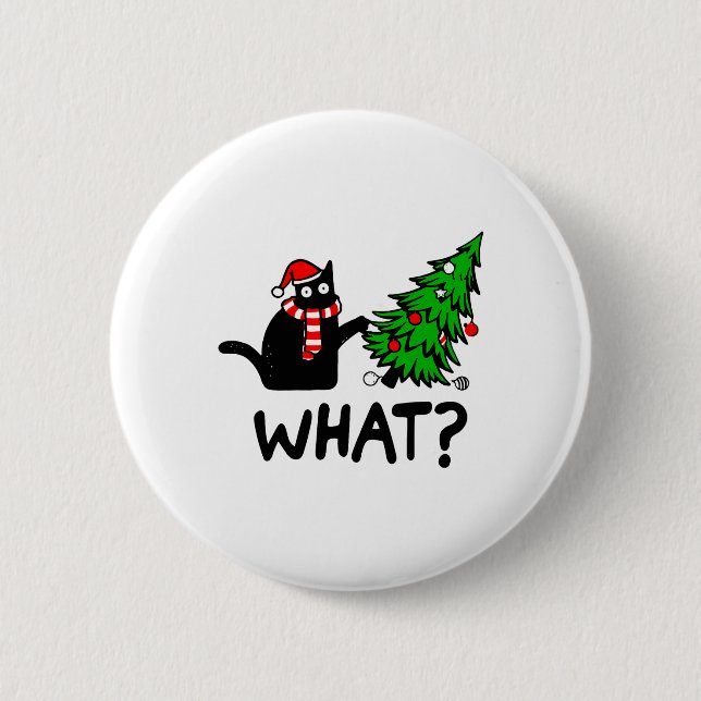 Badge Rond 5 Cm Drôle cadeau de chat noir Poussant l'arbre de Noël (Devant)