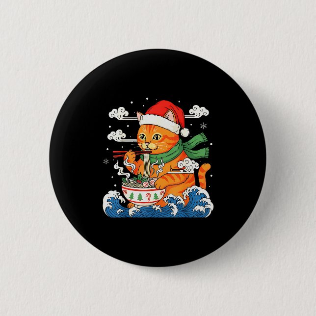 Badge Rond 5 Cm Drôle de chat de ramen de Noël mangeant des nouill (Devant)