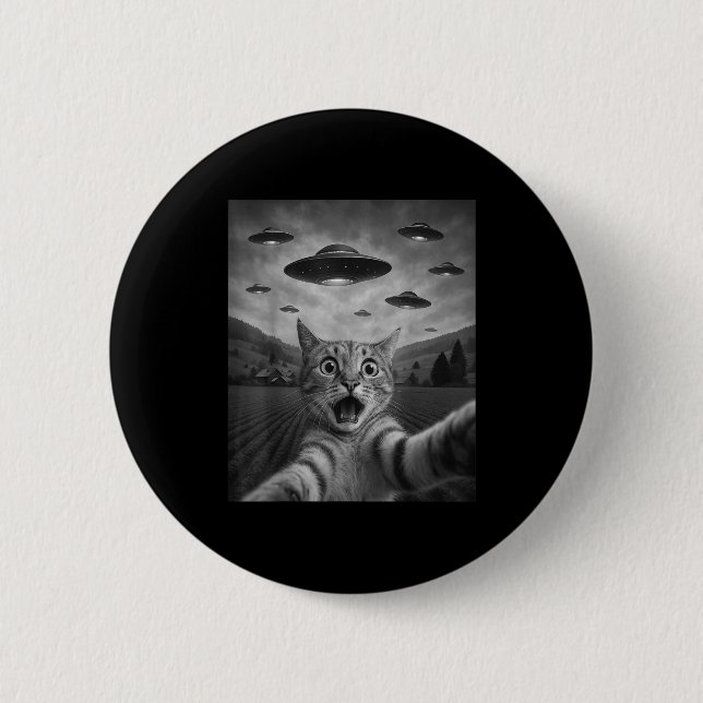 Badge Rond 5 Cm Drôle de chat éd surpris selfie avec un chat alien (Devant)