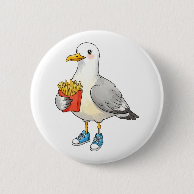 Badge Rond 5 Cm Drôle de Mouette Frites Baskets (Devant)