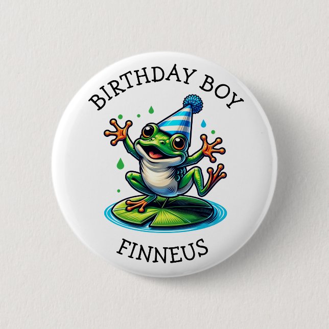Badge Rond 5 Cm Drôle Grenouille à thème Anniversaire Garçon (Devant)